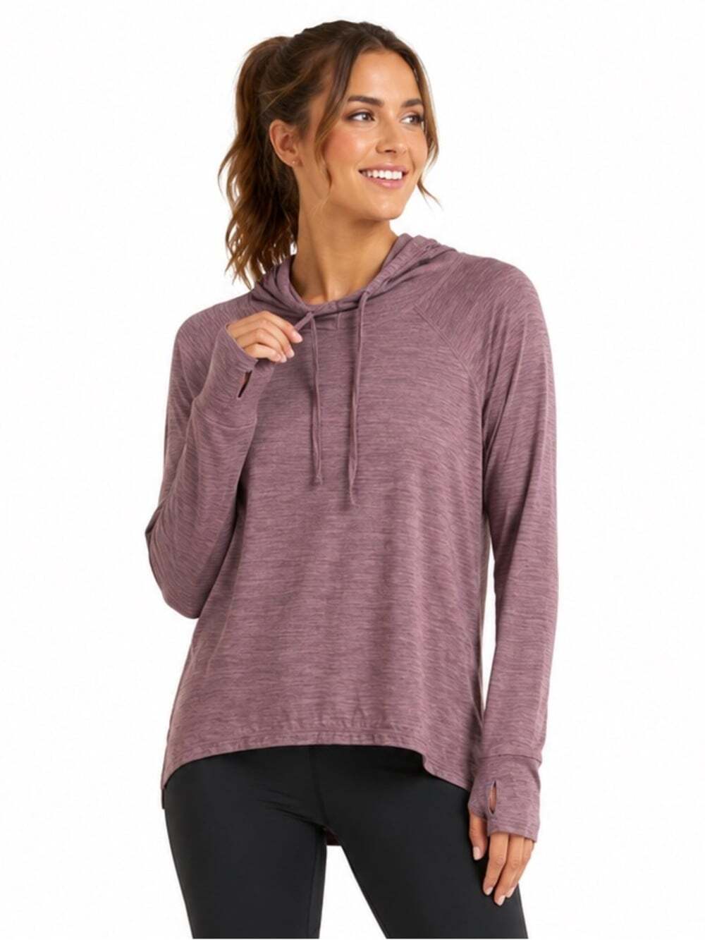 Gaiam Mauve Heather Hooded Pullover Thumbholes Yoga Training Lightweight Layer S